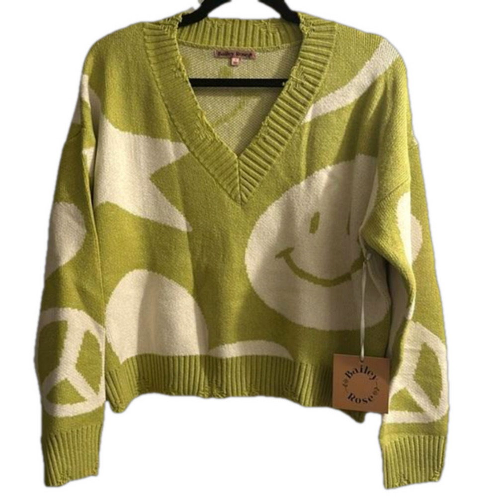 Distressed happy face v neck sweater
